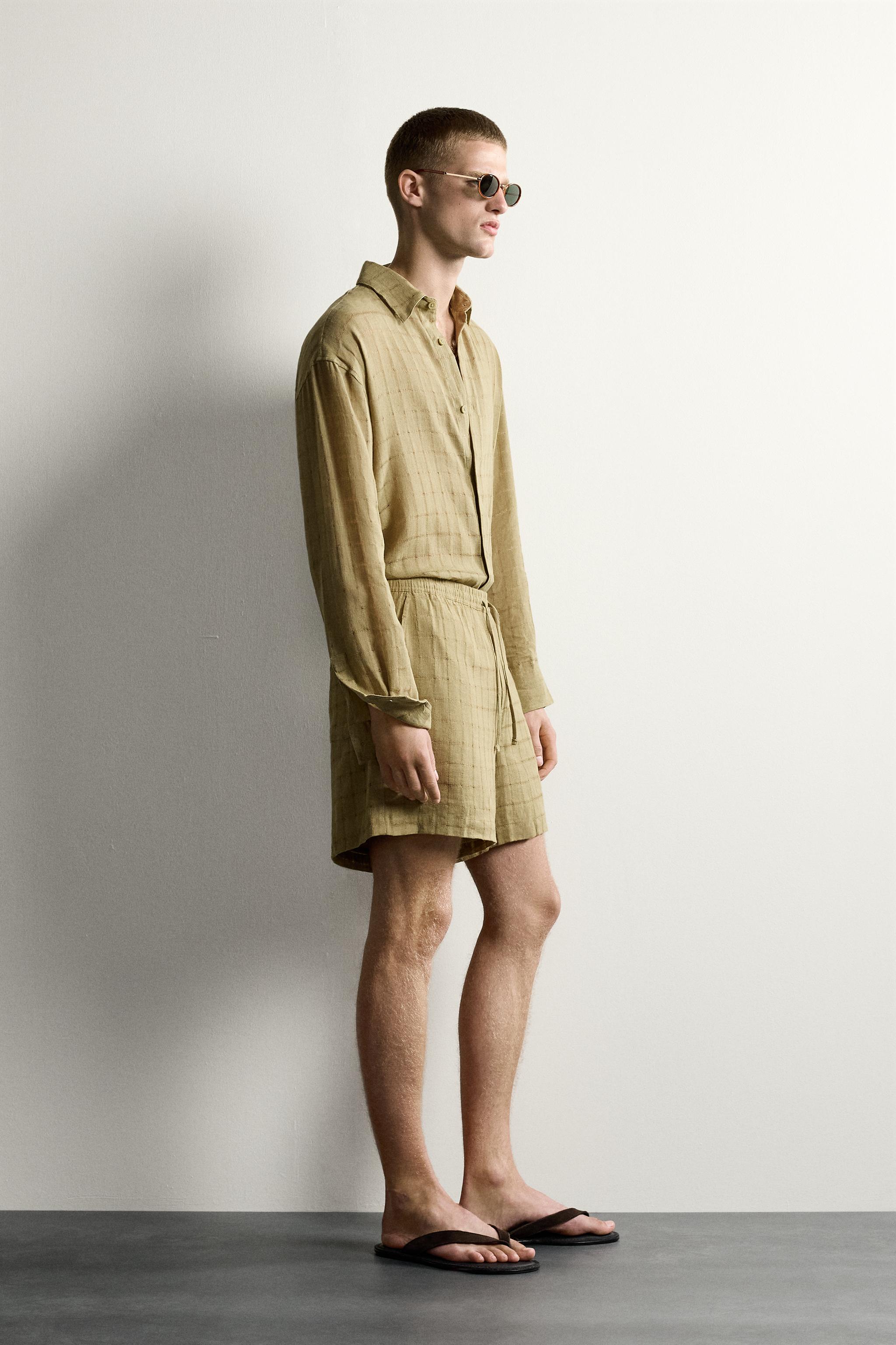 RELAXED FIT CHECKERED LINEN-COTTON JACQUARD SHIRT
